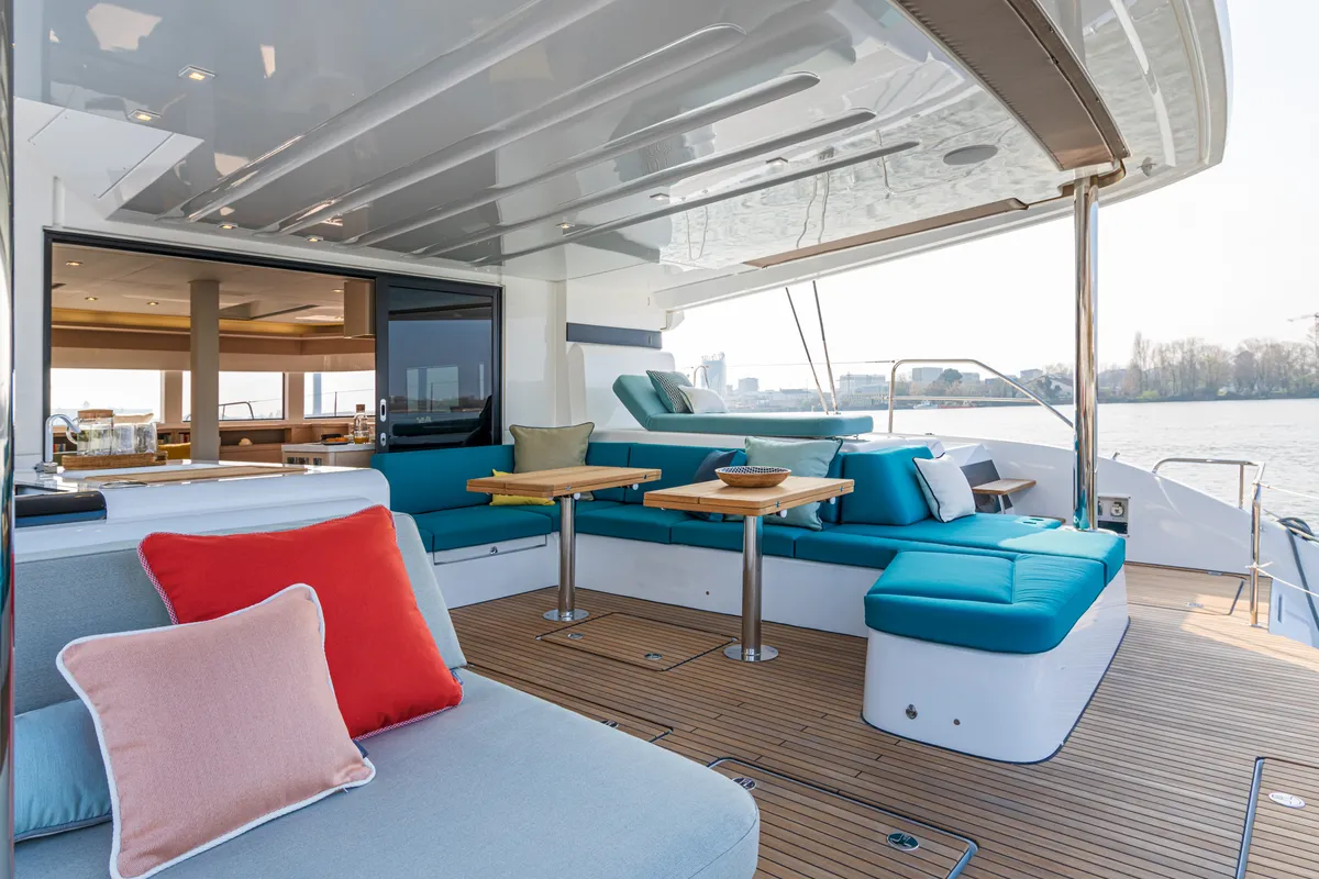 Deck of ESPERANCE, a Lagoon 55 catamaran at Nea Peramos, Greece