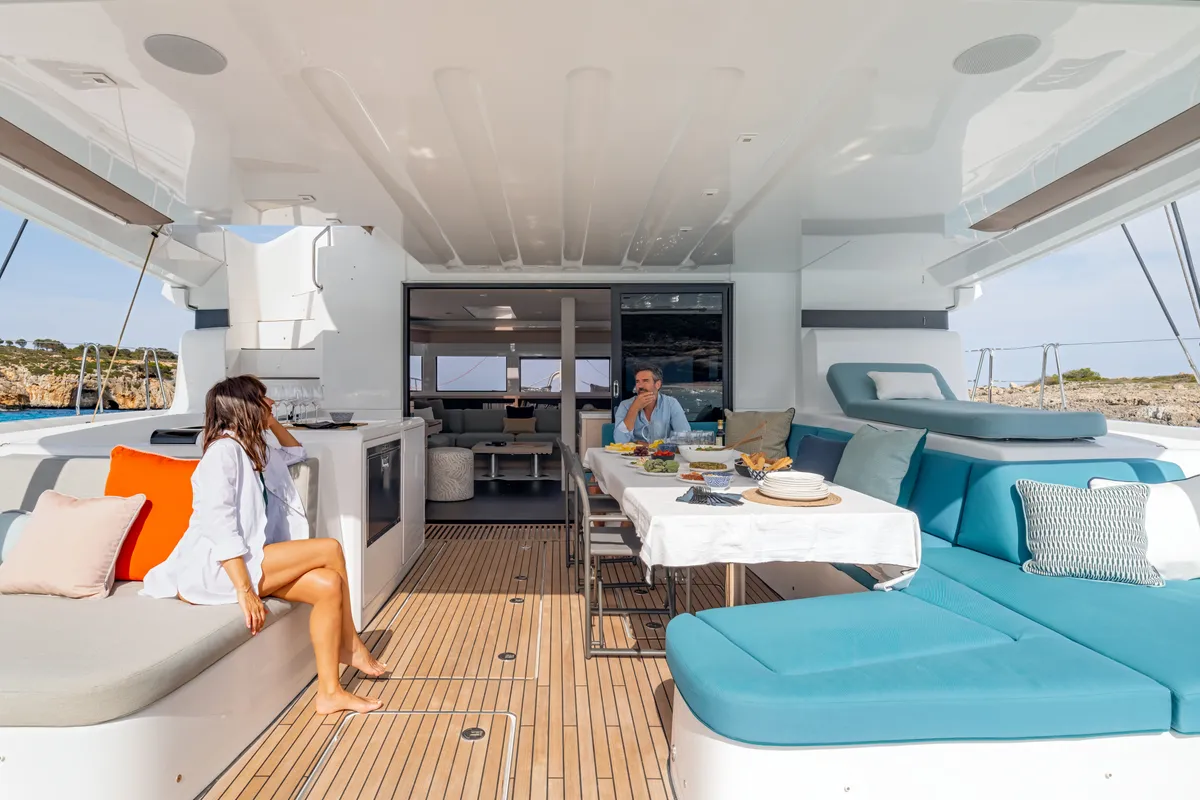 Deck of ESPERANCE, a Lagoon 55 catamaran at Nea Peramos, Greece