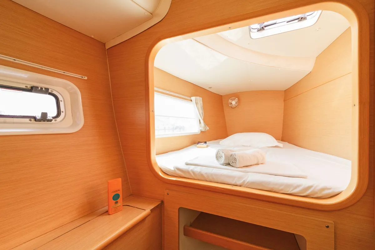 Cabin on Golf Charlie, a Lagoon 380 catamaran at Kavala, Greece