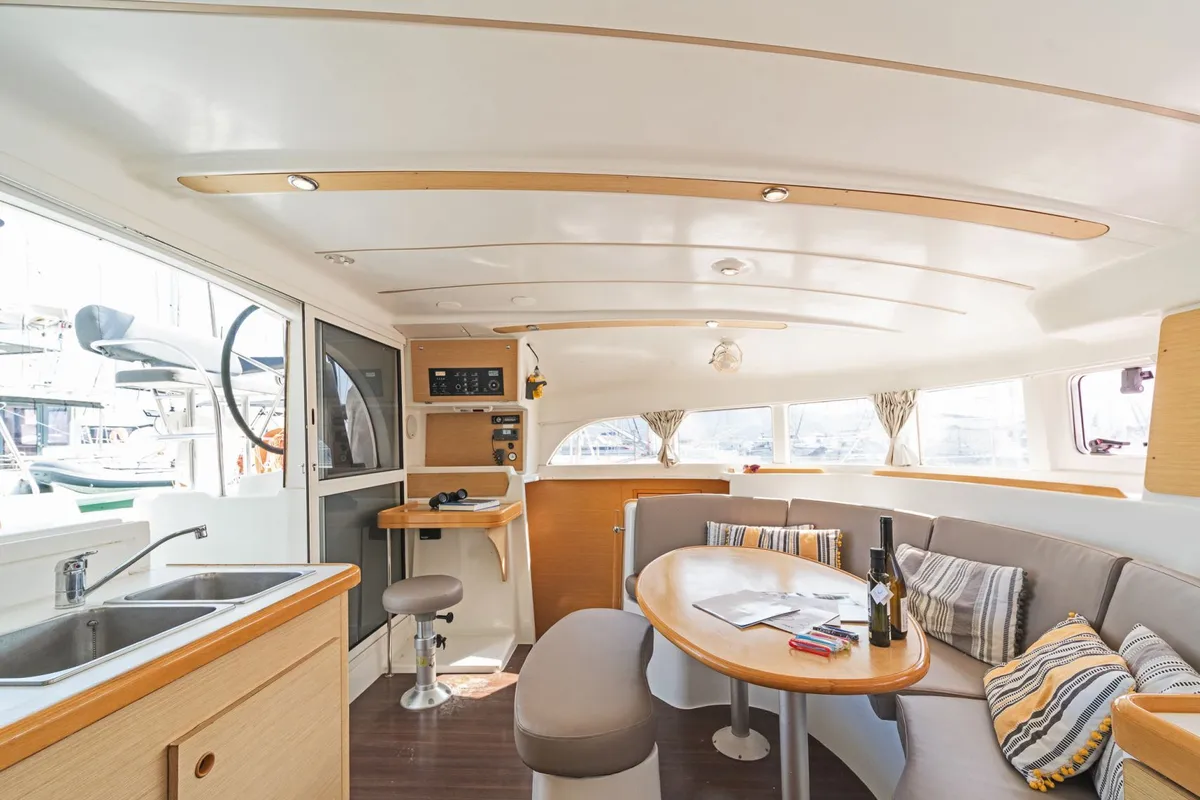 Salon of Golf Charlie, a Lagoon 380 catamaran at Kavala, Greece