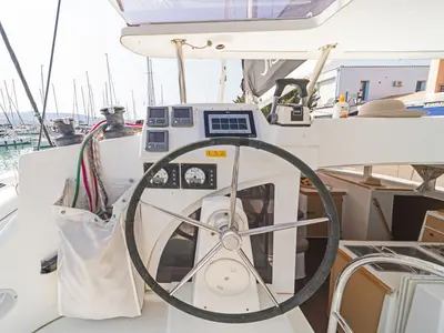 Cockpit of Golf Charlie, a Lagoon 380 catamaran at Kavala, Greece