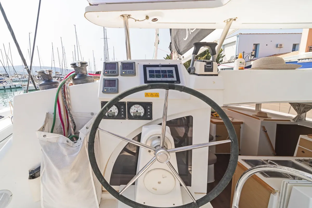 Cockpit of Golf Charlie, a Lagoon 380 catamaran at Kavala, Greece