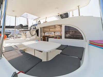 Deck of Golf Charlie, a Lagoon 380 catamaran at Kavala, Greece