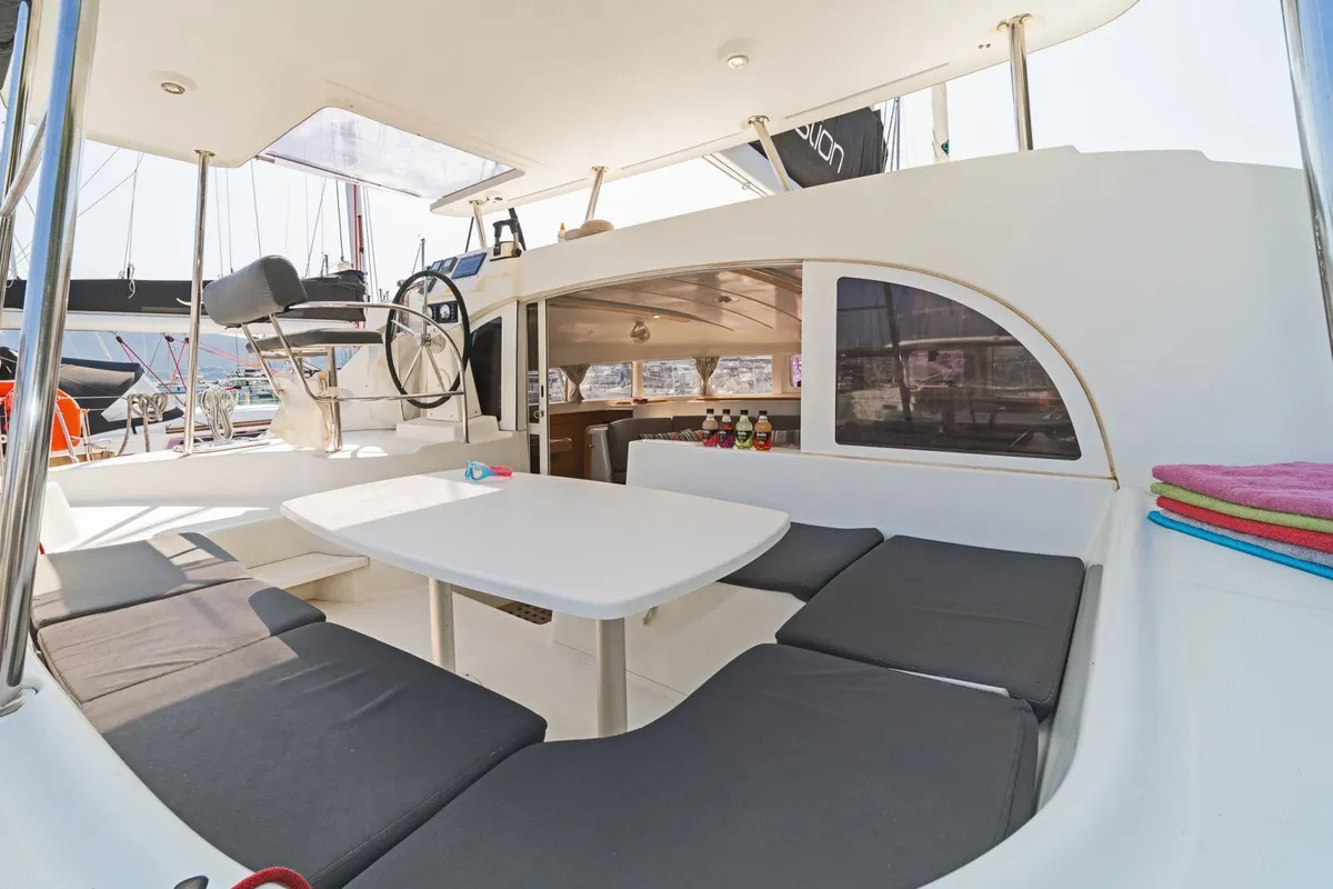 Deck of Golf Charlie, a Lagoon 380 catamaran at Kavala, Greece