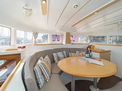 Salon of Golf Charlie, a Lagoon 380 catamaran at Kavala, Greece