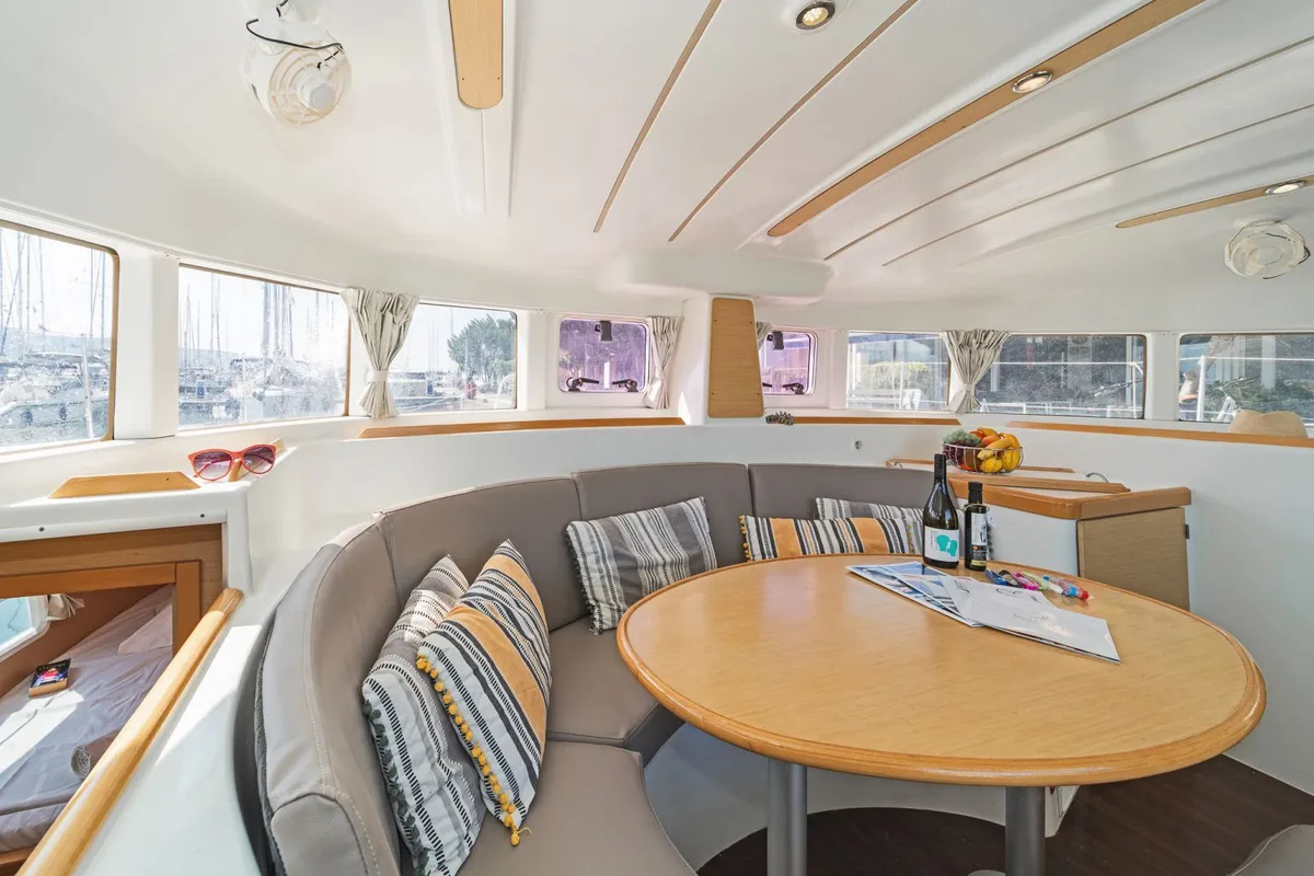 Salon of Golf Charlie, a Lagoon 380 catamaran at Kavala, Greece