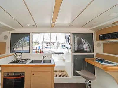Galley of Golf Charlie, a Lagoon 380 catamaran at Kavala, Greece