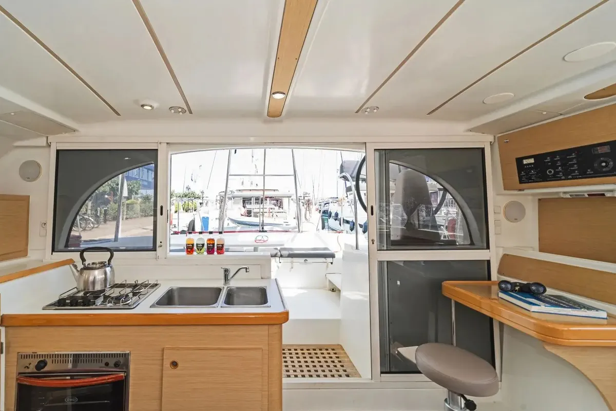 Galley of Golf Charlie, a Lagoon 380 catamaran at Kavala, Greece