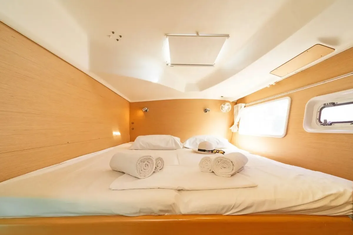 Cabin on Golf Charlie, a Lagoon 380 catamaran at Kavala, Greece