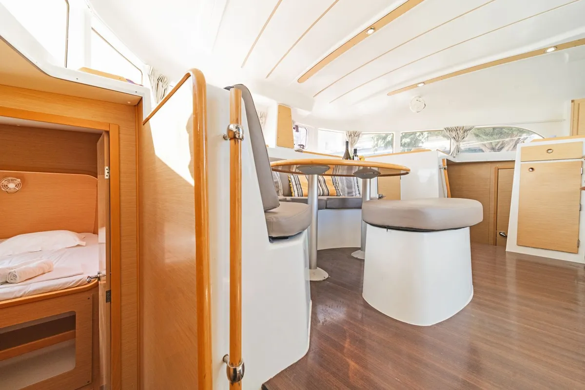 Salon of Golf Charlie, a Lagoon 380 catamaran at Kavala, Greece