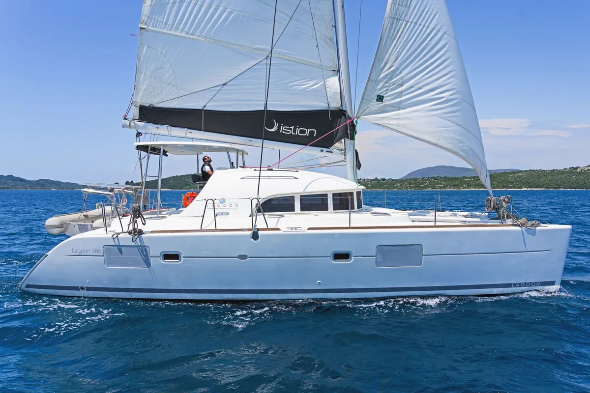 Exterior view of Golf Charlie, a Lagoon 380 catamaran at Kavala, Greece