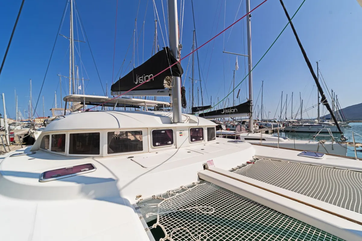 Deck of Golf Charlie, a Lagoon 380 catamaran at Kavala, Greece