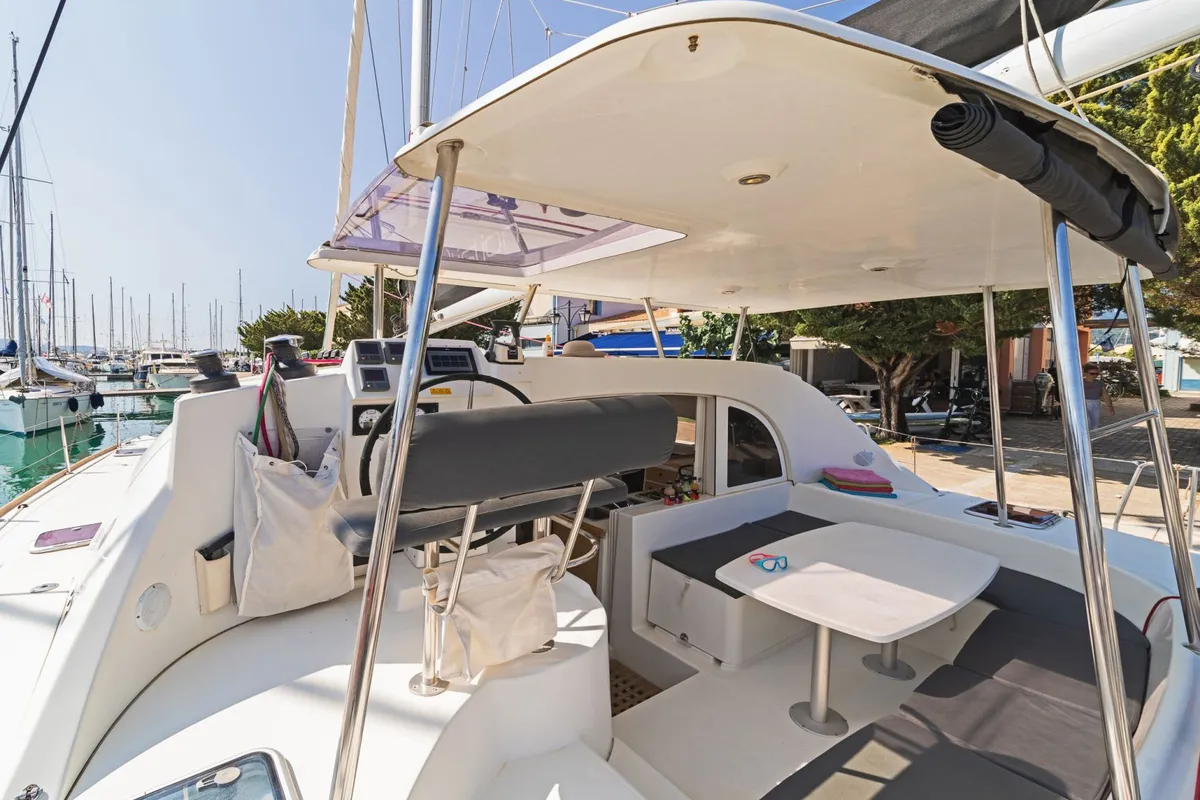 Deck of Golf Charlie, a Lagoon 380 catamaran at Kavala, Greece