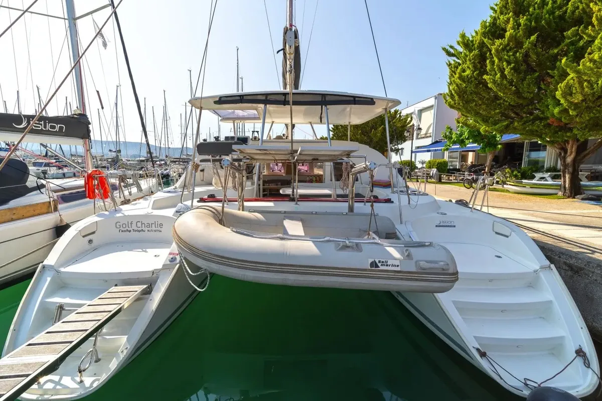 Exterior view of Golf Charlie, a Lagoon 380 catamaran at Kavala, Greece