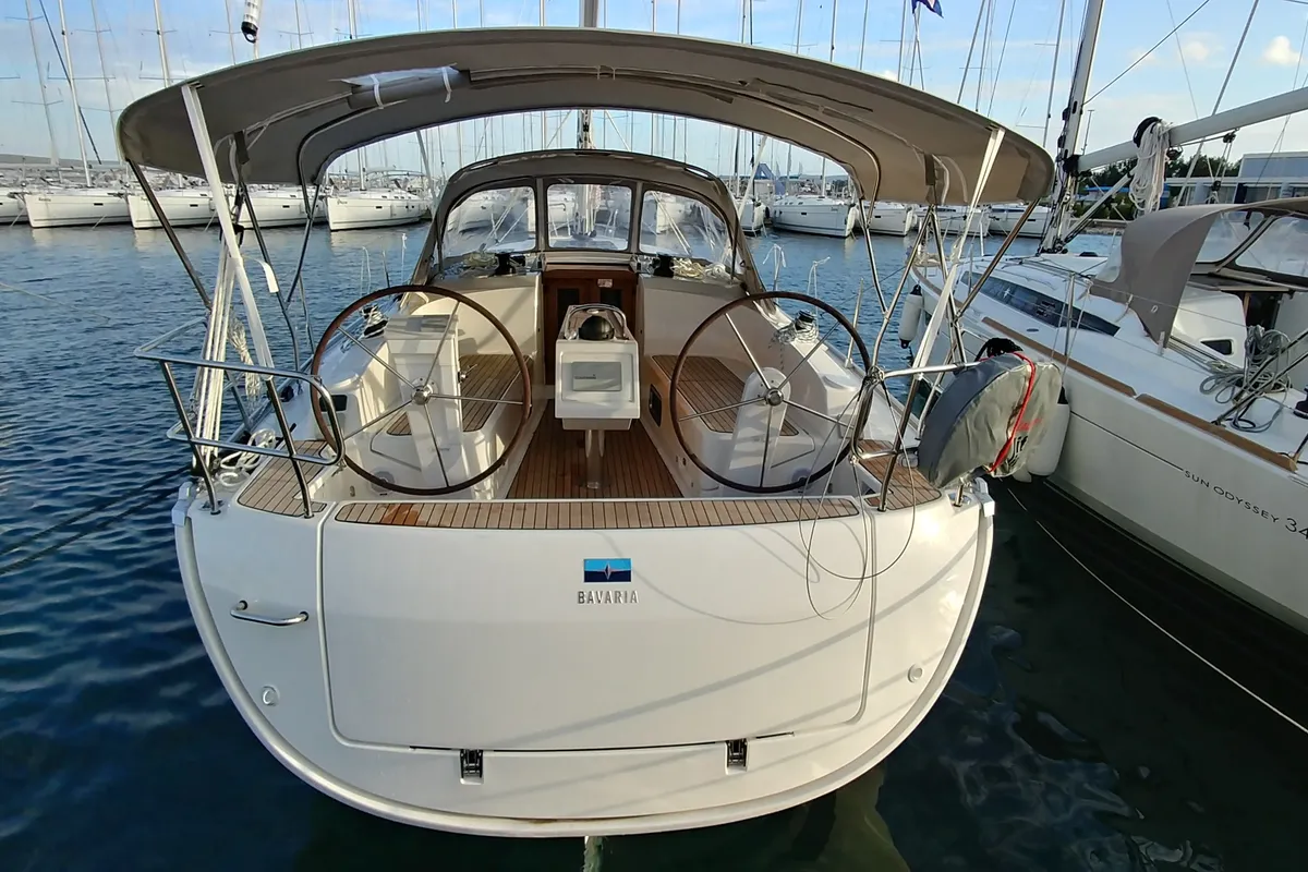 Exterior view of Alegria, a Bavaria Cruiser 37 sailboat at Sukošan, Croatia