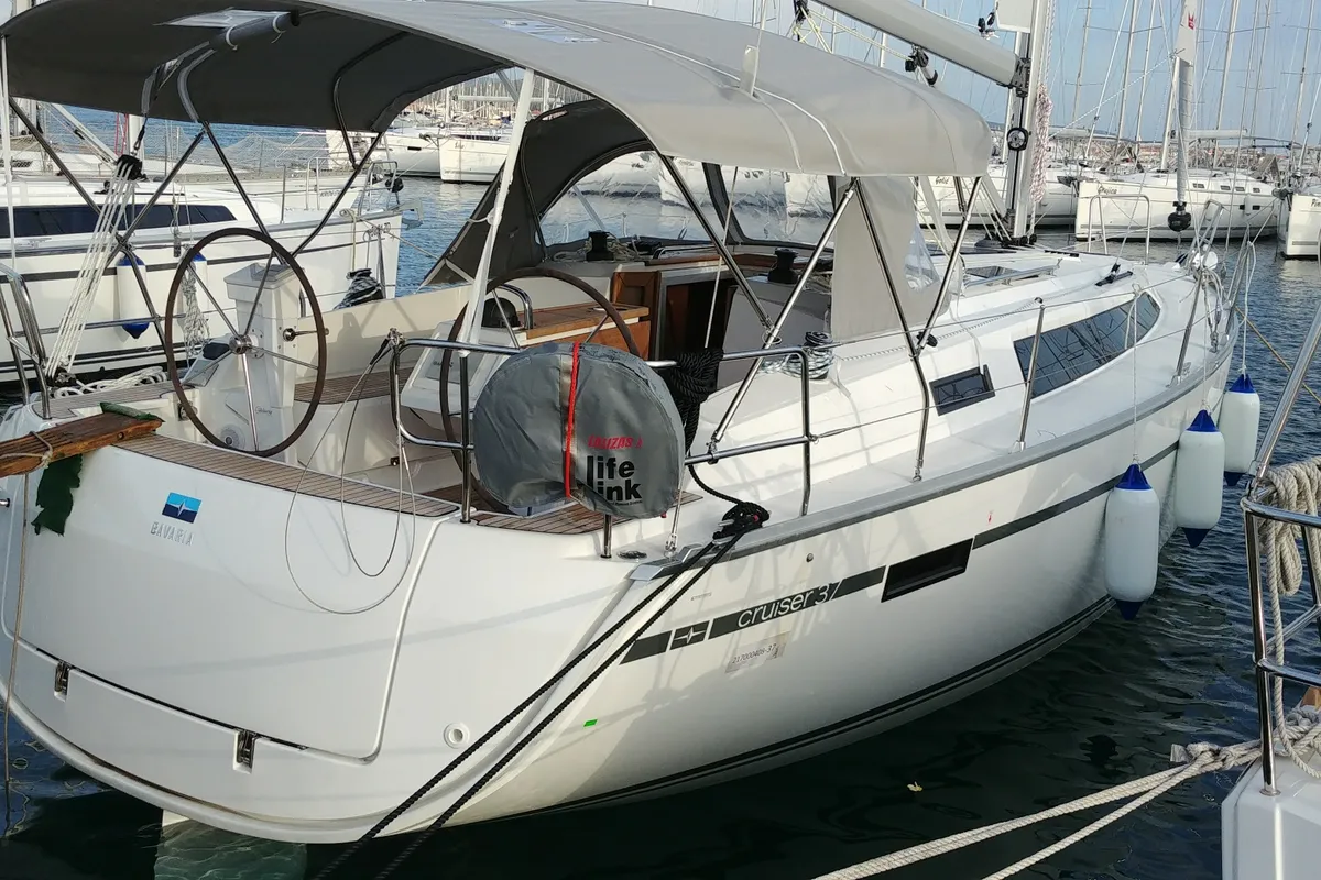 Exterior view of Alegria, a Bavaria Cruiser 37 sailboat at Sukošan, Croatia