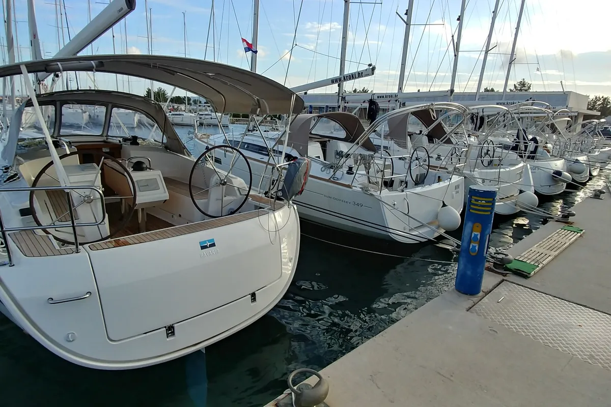 Exterior view of Alegria, a Bavaria Cruiser 37 sailboat at Sukošan, Croatia