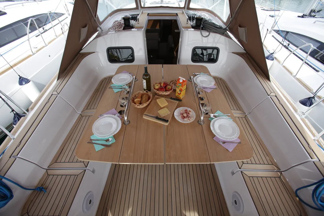 Deck of Vikki, a Elan Impression 45.1 sailboat at Pirovac, Croatia