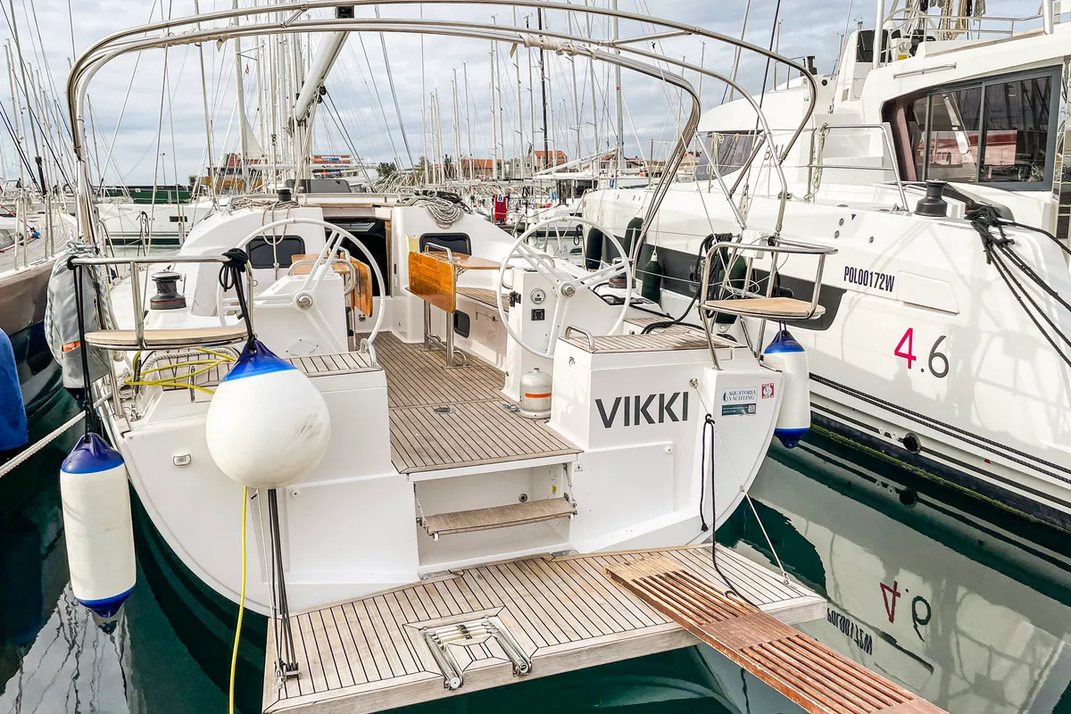 Deck of Vikki, a Elan Impression 45.1 sailboat at Pirovac, Croatia
