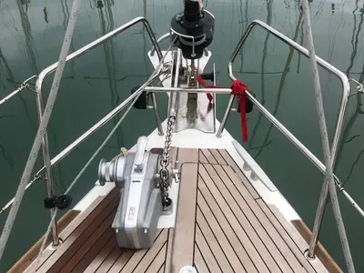 Deck of Alboran Jerez (Majorca), a Jeanneau Sun Odyssey 519 sailboat at es Jonquet, Spain