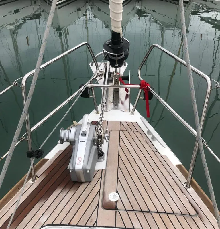 Deck of Alboran Jerez (Majorca), a Jeanneau Sun Odyssey 519 sailboat at es Jonquet, Spain