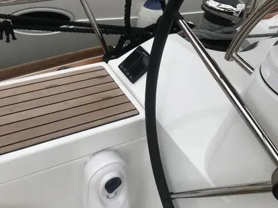Cockpit of Alboran Jerez (Majorca), a Jeanneau Sun Odyssey 519 sailboat at es Jonquet, Spain