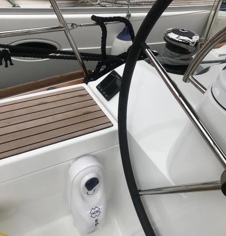 Cockpit of Alboran Jerez (Majorca), a Jeanneau Sun Odyssey 519 sailboat at es Jonquet, Spain