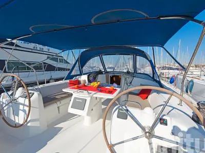 Cockpit of Manitu, a Beneteau Cyclades 50.5 sailboat at Athens, Greece