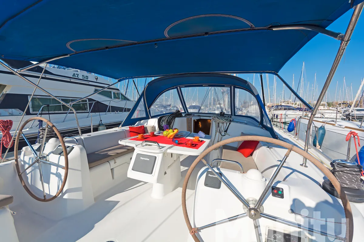 Cockpit of Manitu, a Beneteau Cyclades 50.5 sailboat at Athens, Greece