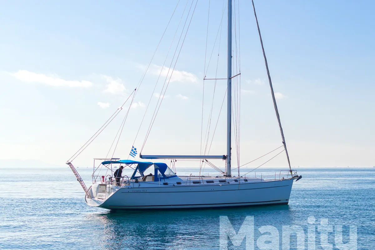 Exterior view of Manitu, a Beneteau Cyclades 50.5 sailboat at Athens, Greece