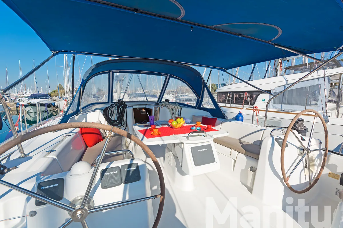 Cockpit of Manitu, a Beneteau Cyclades 50.5 sailboat at Athens, Greece