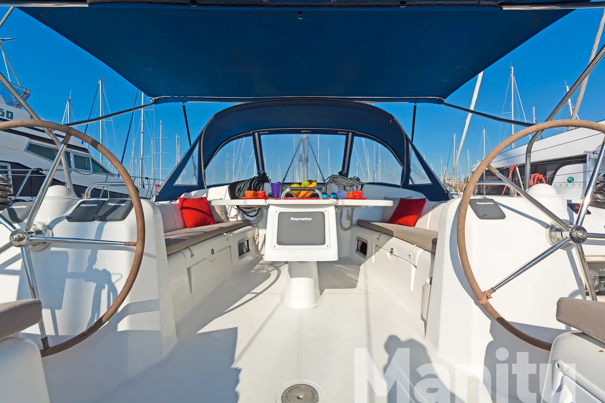Cockpit of Manitu, a Beneteau Cyclades 50.5 sailboat at Athens, Greece