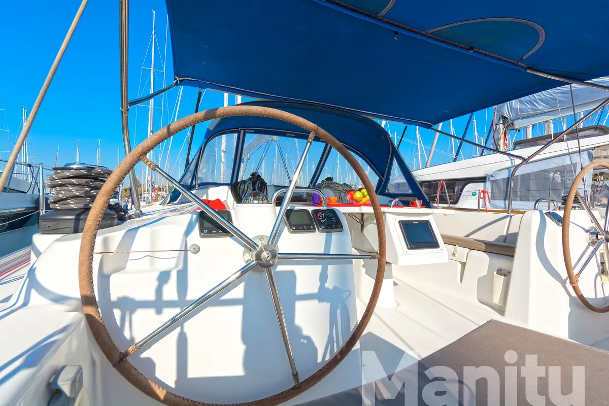 Cockpit of Manitu, a Beneteau Cyclades 50.5 sailboat at Athens, Greece