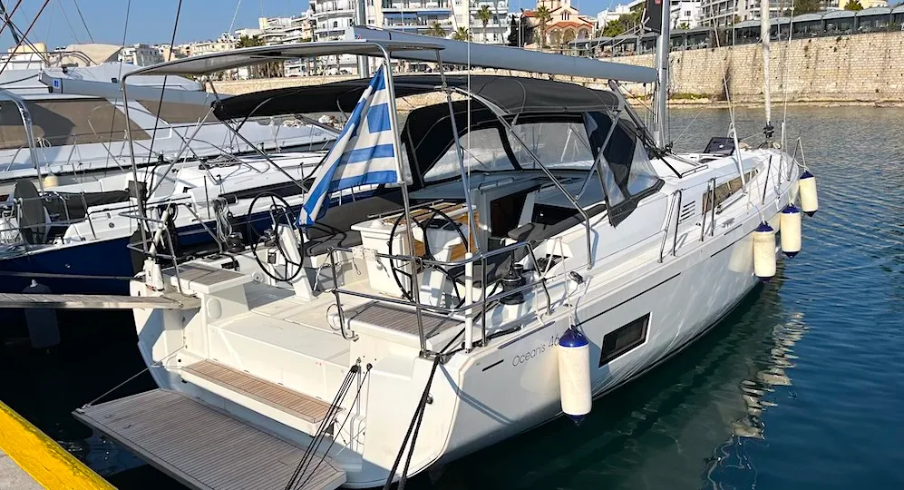 Exterior view of Marilyn, a Beneteau Oceanis 46.1 sailboat at Athens, Greece