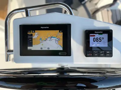 Cockpit of Marilyn, a Beneteau Oceanis 46.1 sailboat at Athens, Greece