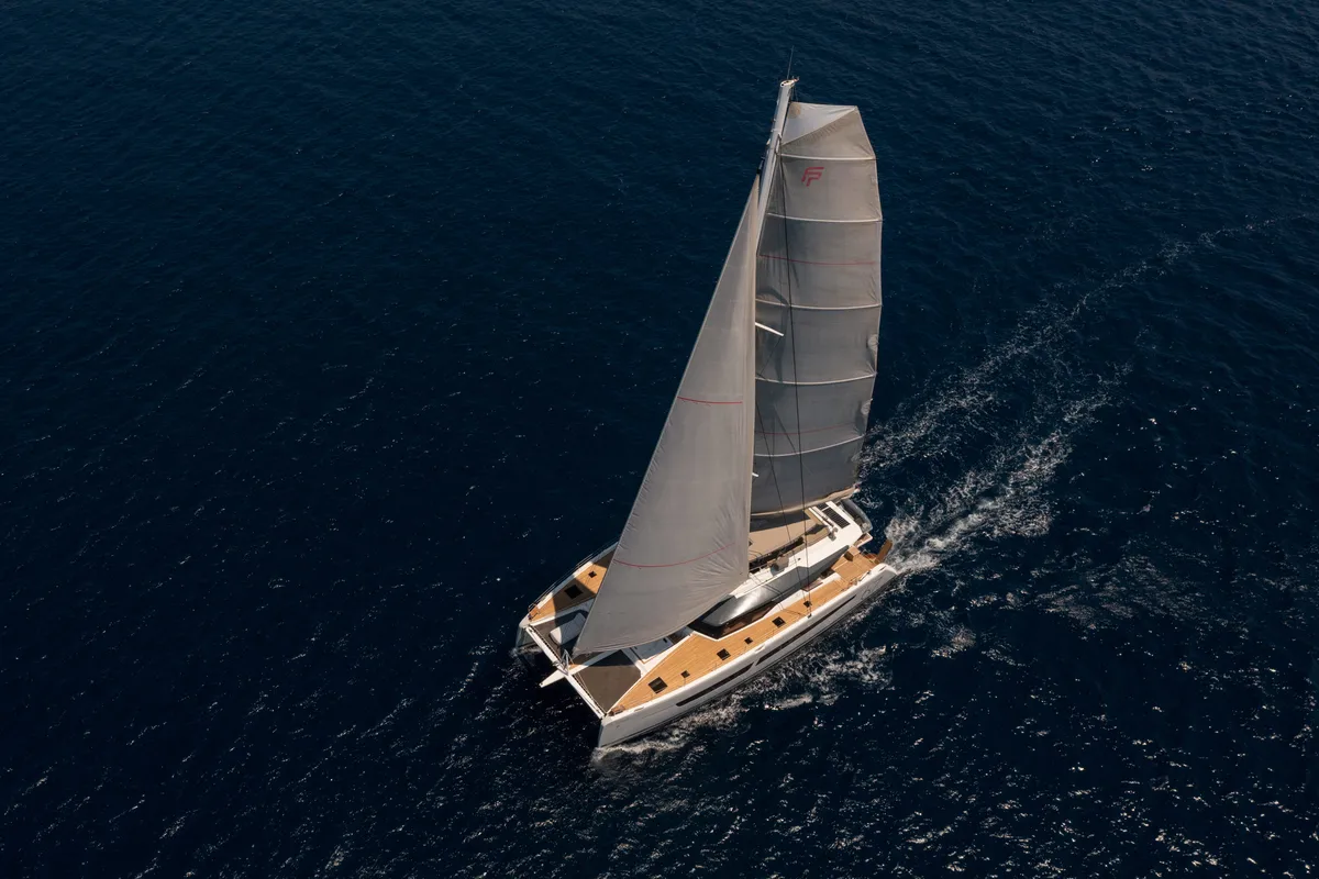 Exterior view of Aether, a Lagoon Sixty 7 catamaran at Athens, Greece