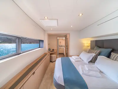 Cabin on Aether, a Lagoon Sixty 7 catamaran at Athens, Greece