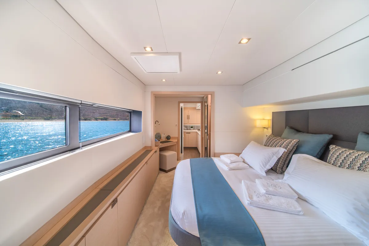 Cabin on Aether, a Lagoon Sixty 7 catamaran at Athens, Greece