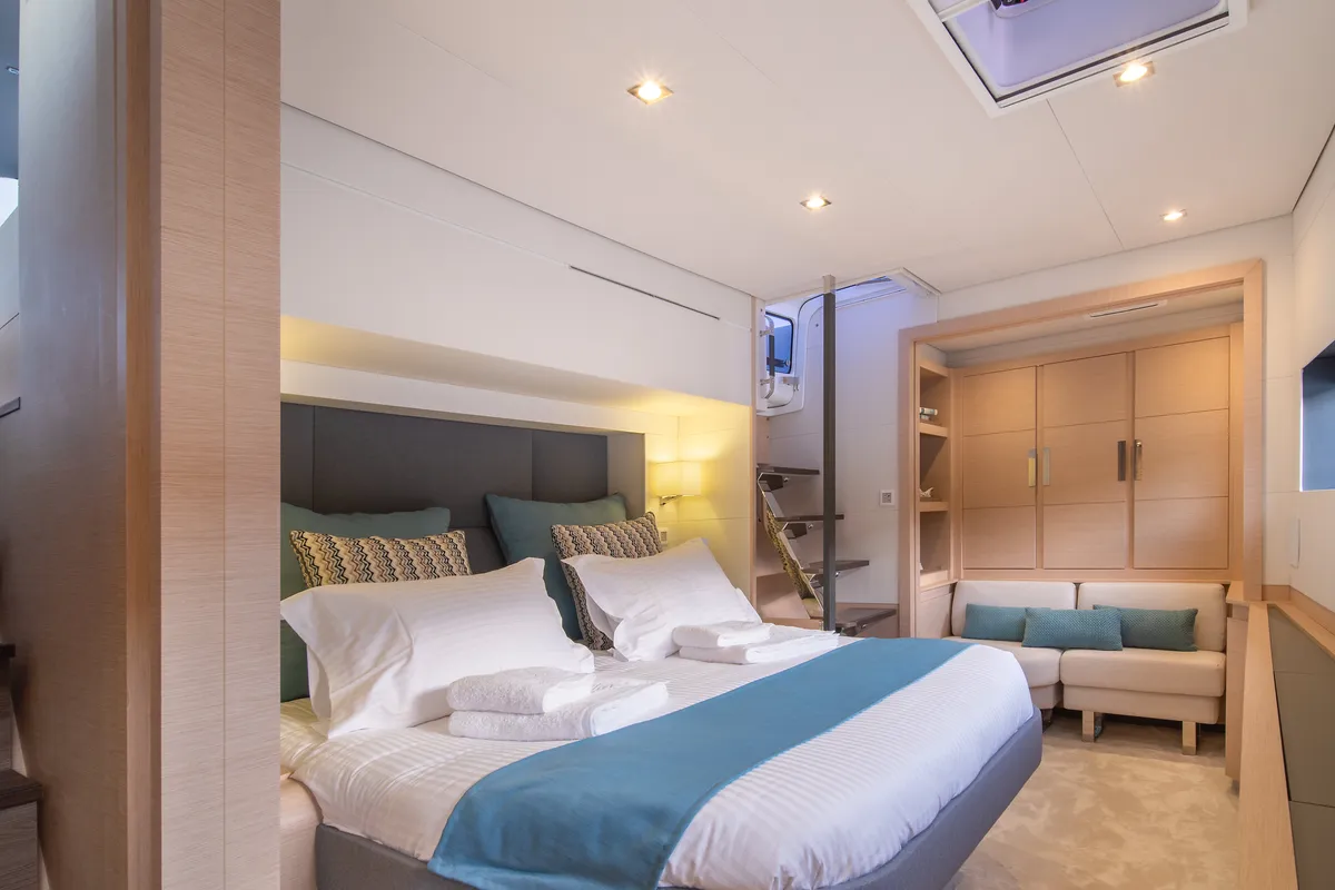 Cabin on Aether, a Lagoon Sixty 7 catamaran at Athens, Greece