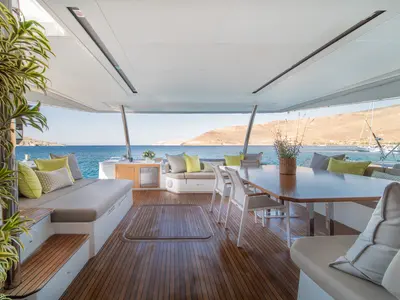 Deck of Aether, a Lagoon Sixty 7 catamaran at Athens, Greece