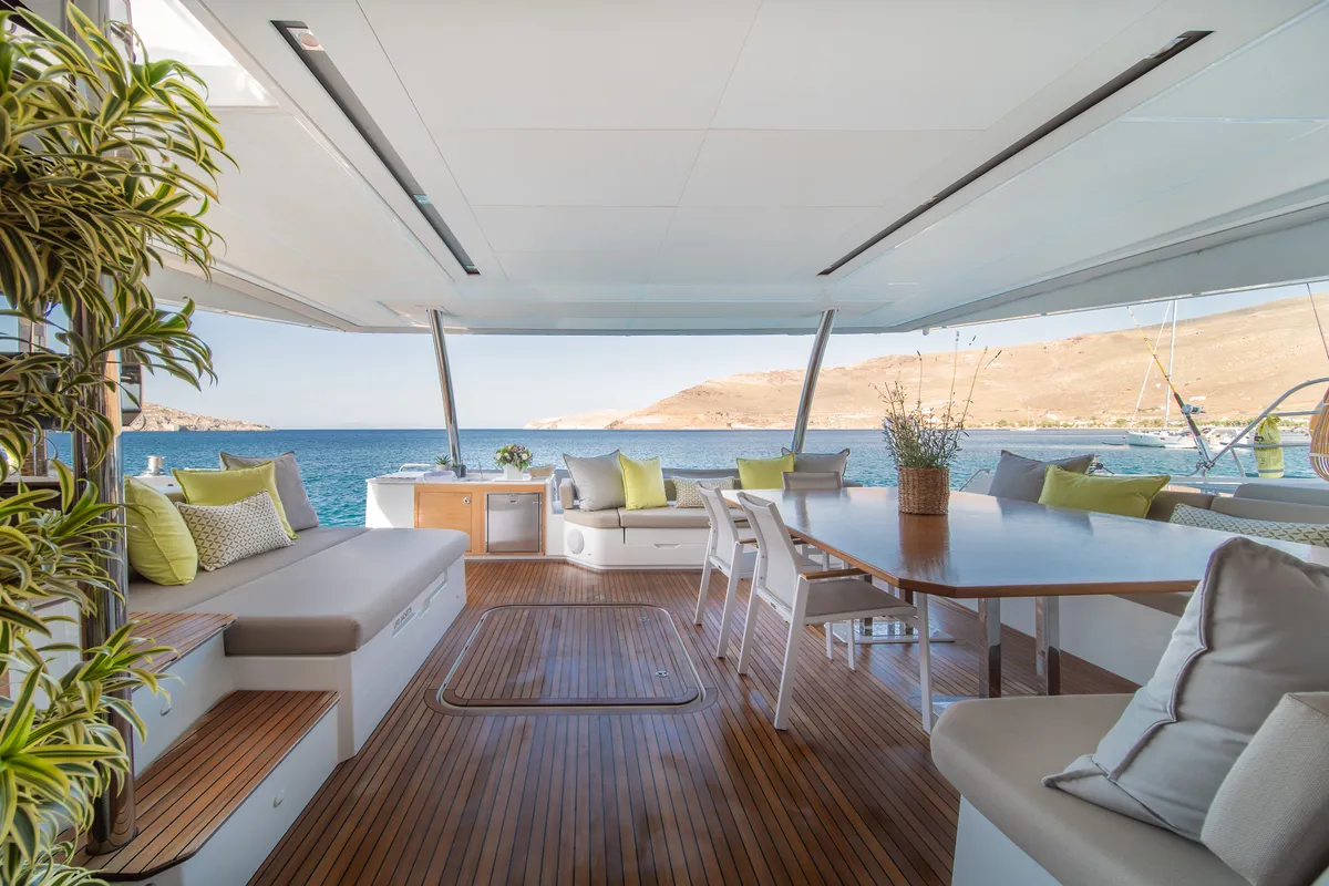 Deck of Aether, a Lagoon Sixty 7 catamaran at Athens, Greece