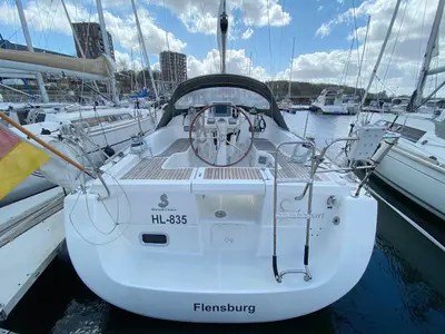 Cockpit of Blaubart, a Beneteau Oceanis 34 sailboat at Flensburg, Germany