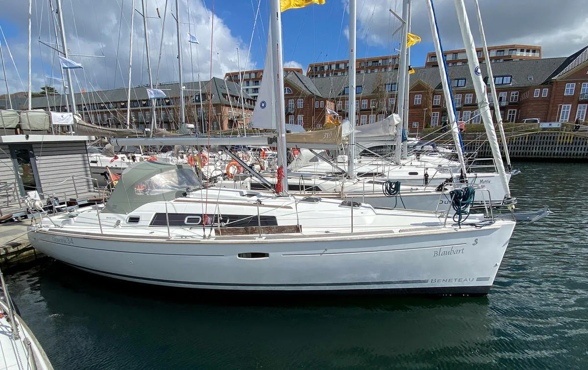 Exterior view of Blaubart, a Beneteau Oceanis 34 sailboat at Flensburg, Germany