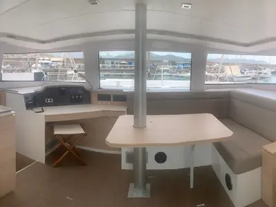 Salon of Sadalbari, a Bali 4.5 FLY catamaran at Salerno, Italy