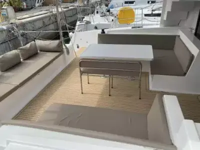 Deck of Sadalbari, a Bali 4.5 FLY catamaran at Salerno, Italy