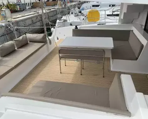 Deck of Sadalbari, a Bali 4.5 FLY catamaran at Salerno, Italy