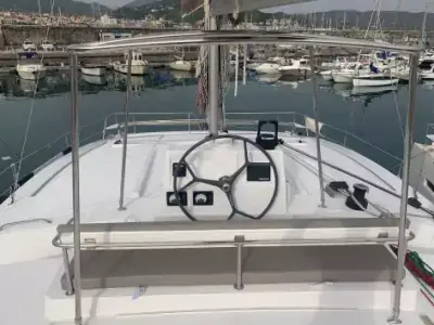 Cockpit of Sadalbari, a Bali 4.5 FLY catamaran at Salerno, Italy