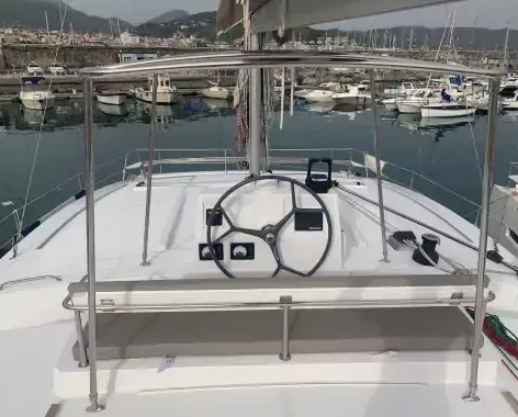Cockpit of Sadalbari, a Bali 4.5 FLY catamaran at Salerno, Italy