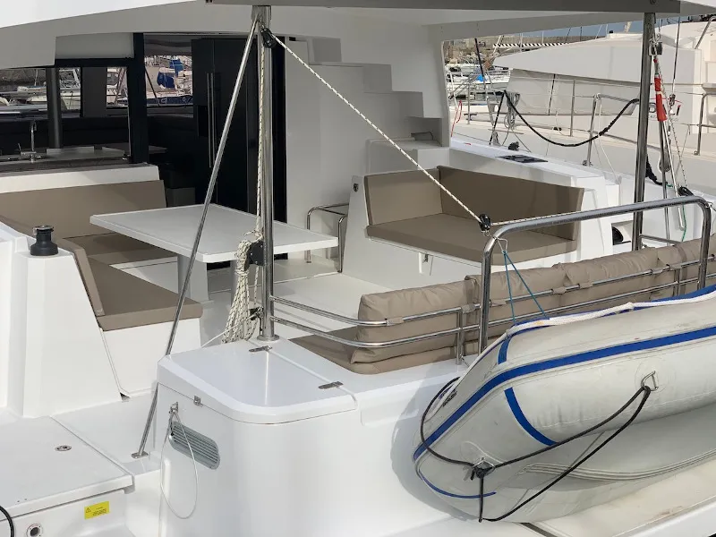 Deck of Sadalbari, a Bali 4.5 FLY catamaran at Salerno, Italy