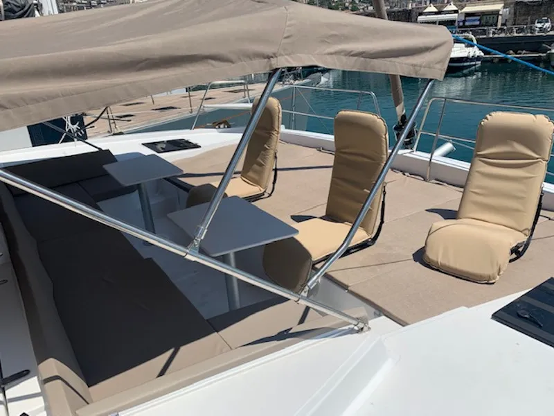Deck of Sadalbari, a Bali 4.5 FLY catamaran at Salerno, Italy